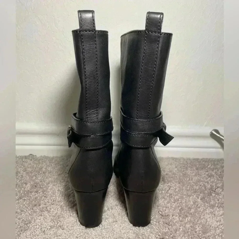 J CREW Extended Calf Black Leather Boots with Buckle Womens Size 7